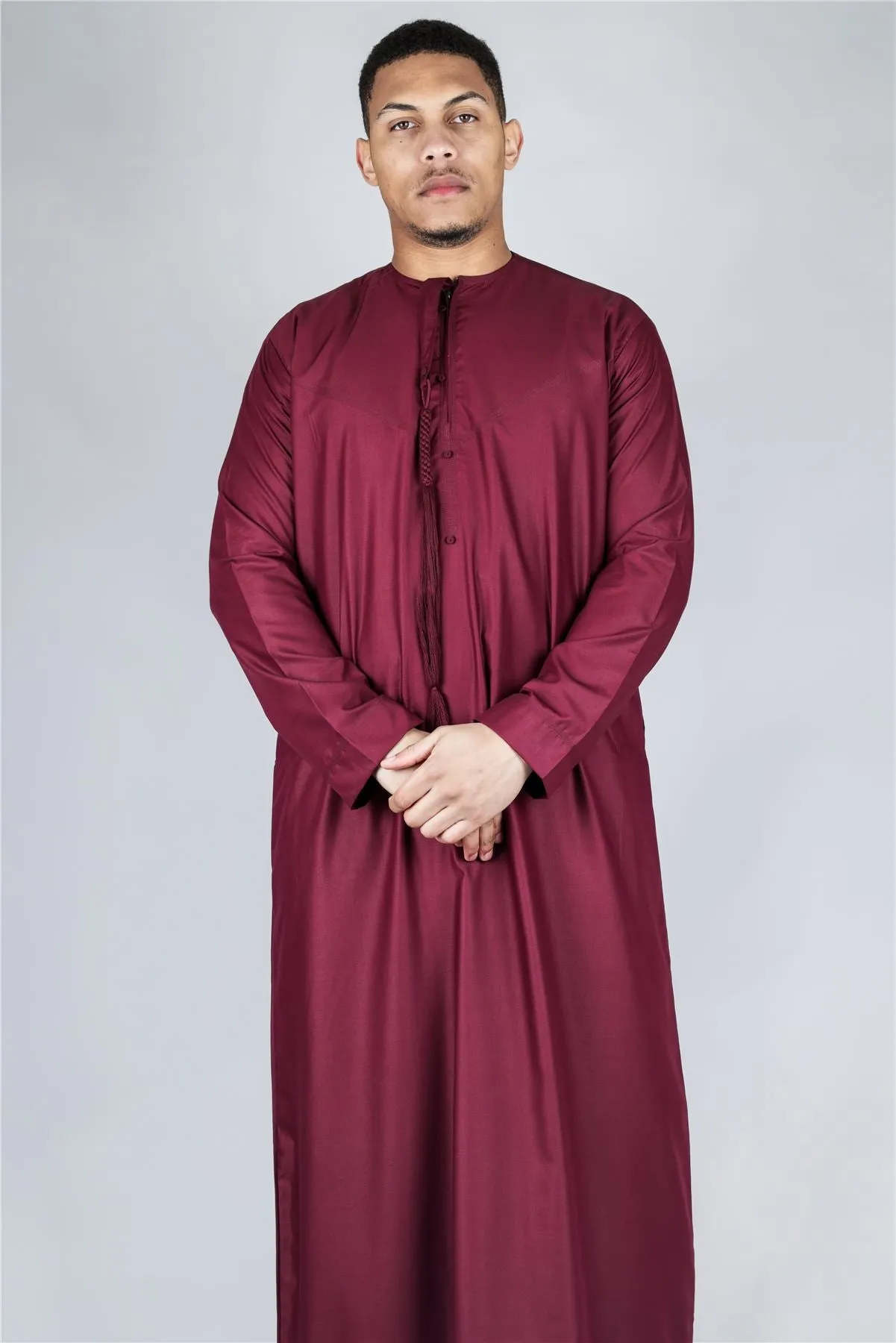 Men's Thobe Emirati Omani Jubba Islamic Clothing Muslim Kaftan Eid Robe Arab String Tassel