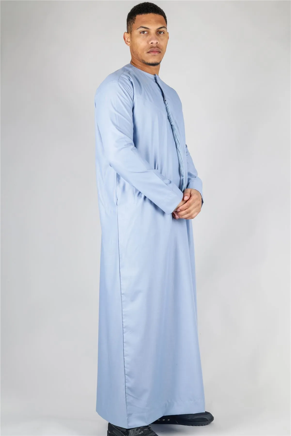 Men's Thobe Emirati Omani Jubba Islamic Clothing Muslim Kaftan Eid Robe Arab String Tassel