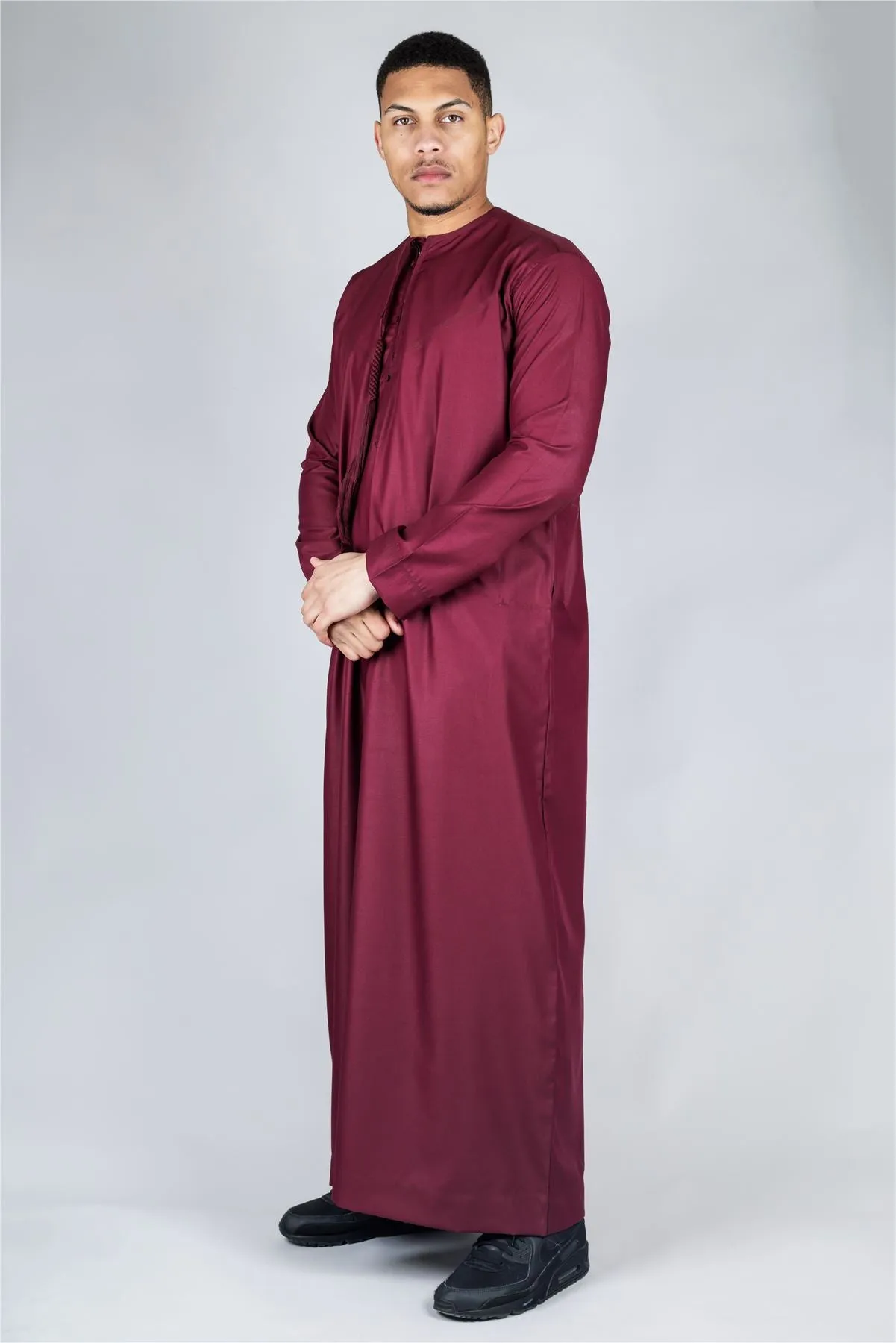 Men's Thobe Emirati Omani Jubba Islamic Clothing Muslim Kaftan Eid Robe Arab String Tassel