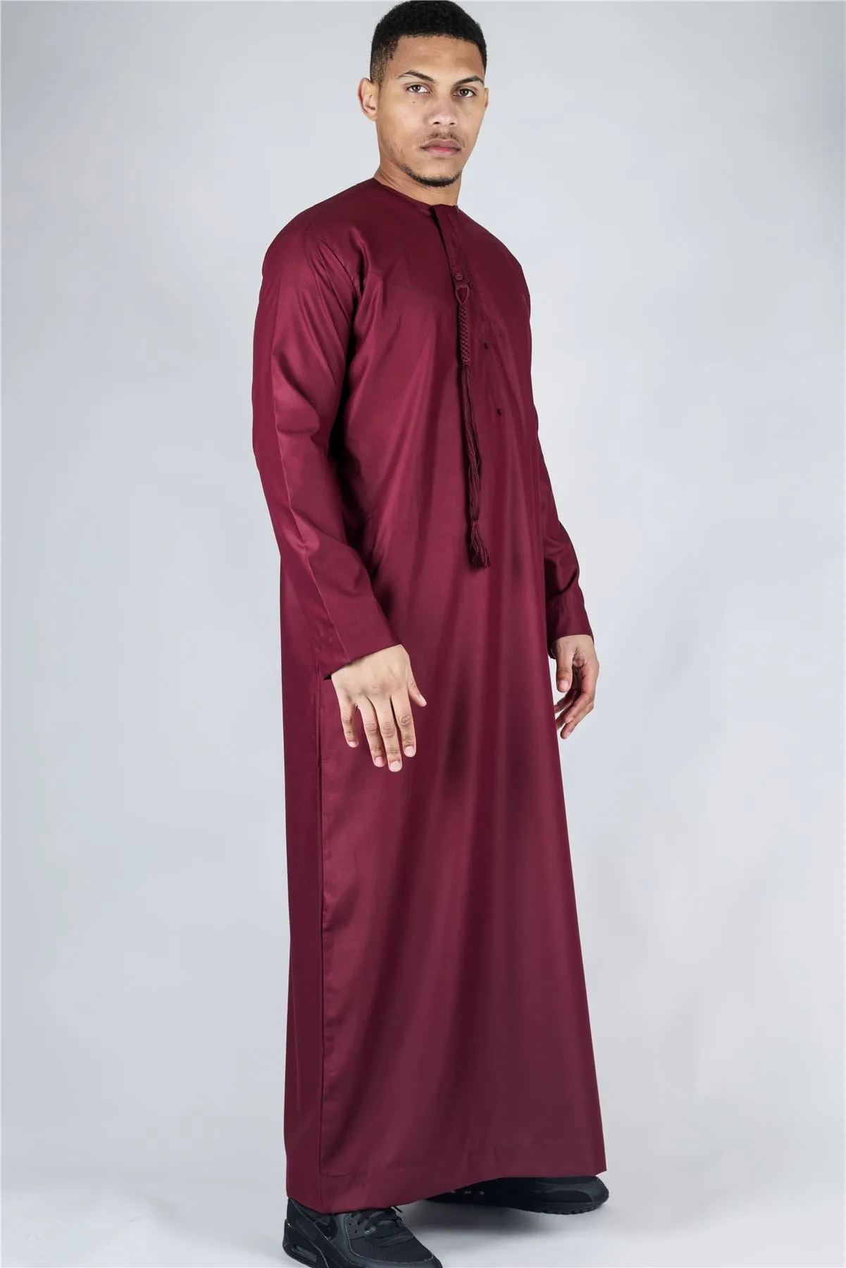 Men's Thobe Emirati Omani Jubba Islamic Clothing Muslim Kaftan Eid Robe Arab String Tassel