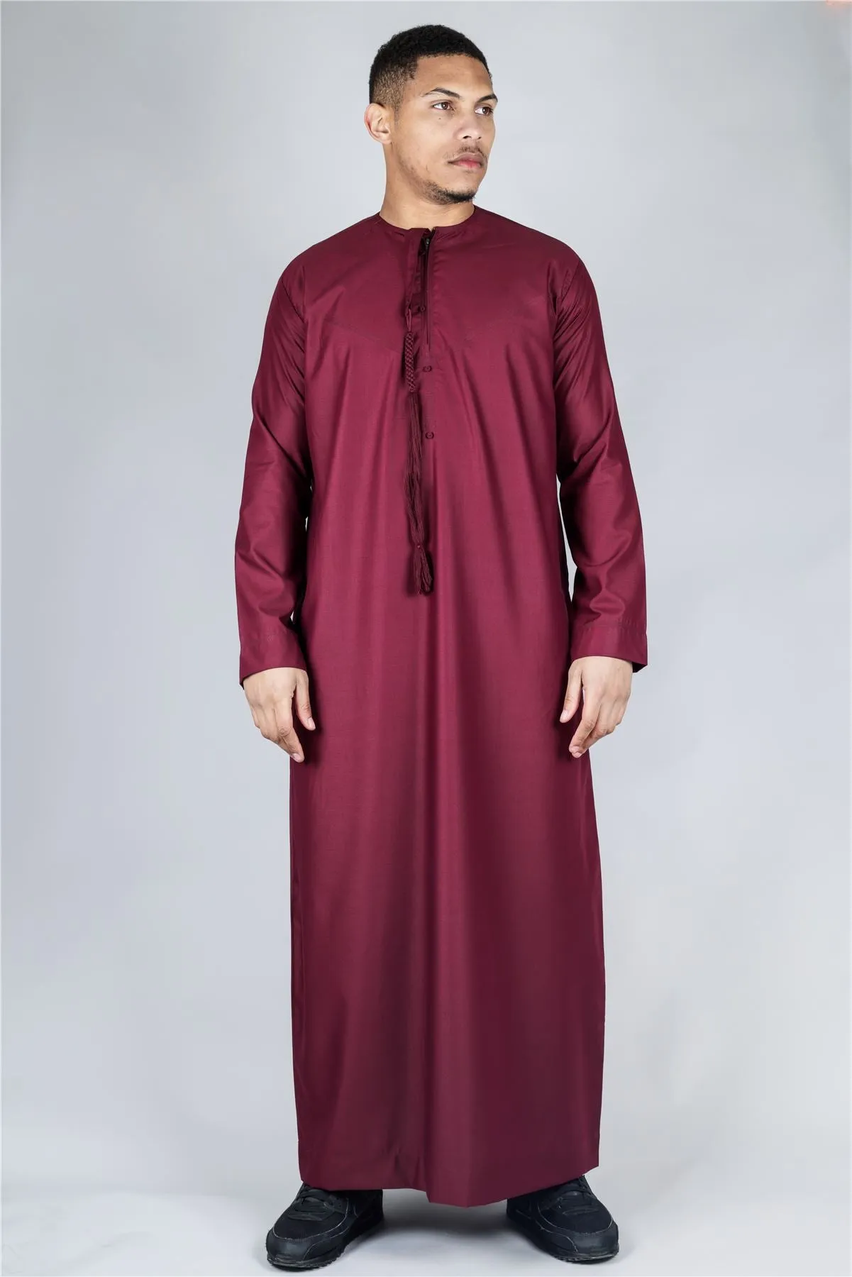 Men's Thobe Emirati Omani Jubba Islamic Clothing Muslim Kaftan Eid Robe Arab String Tassel