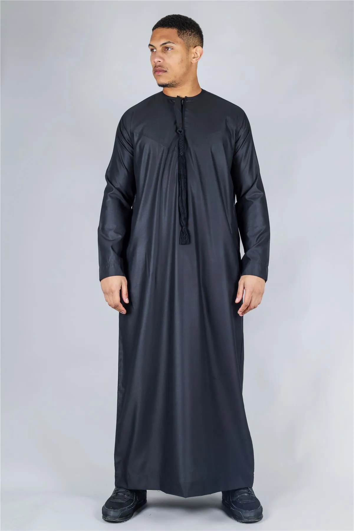 Men's Thobe Emirati Omani Jubba Islamic Clothing Muslim Kaftan Eid Robe Arab String Tassel