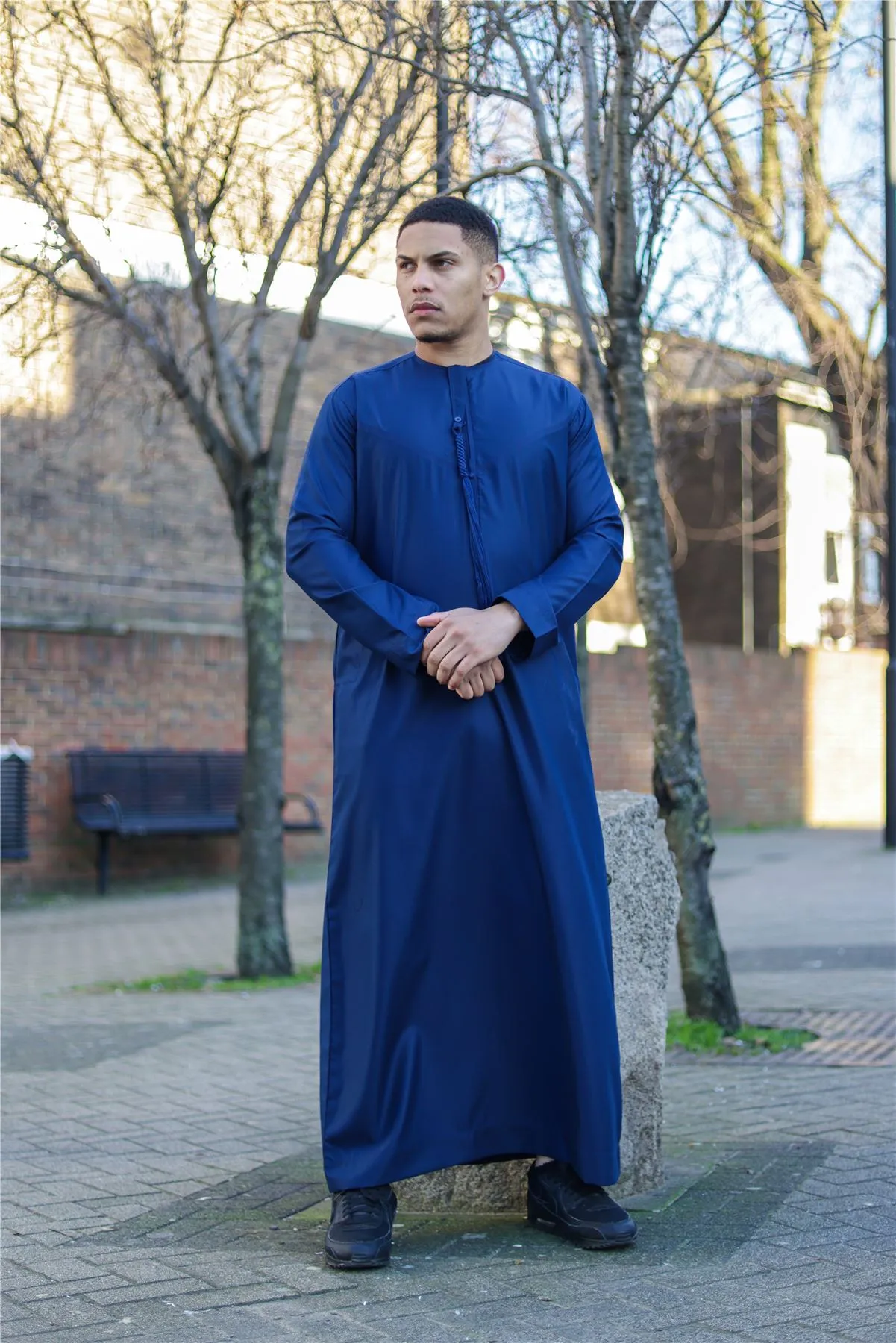 Men's Thobe Emirati Omani Jubba Islamic Clothing Muslim Kaftan Eid Robe Arab String Tassel