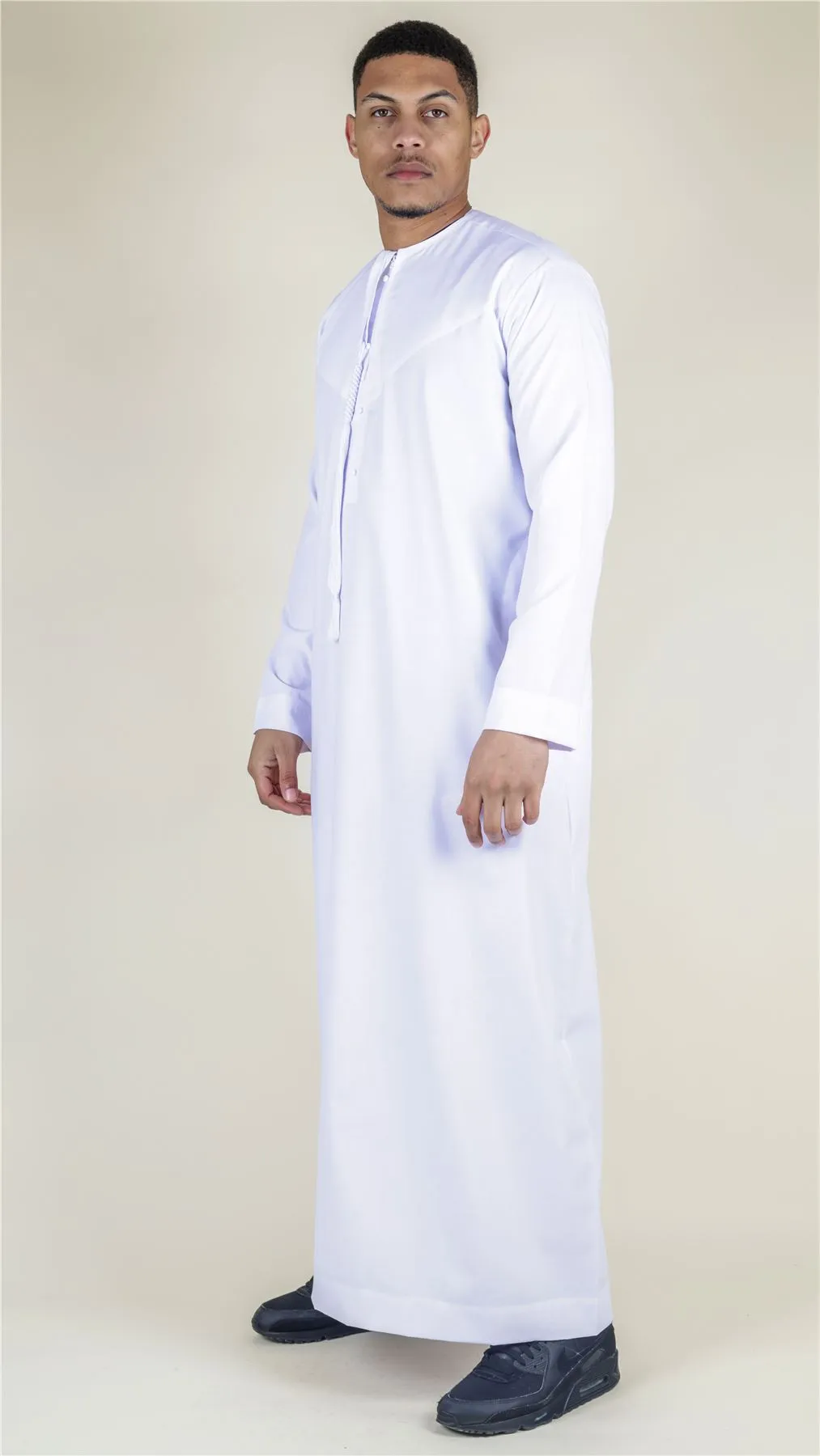 Men's Thobe Emirati Omani Jubba Islamic Clothing Muslim Kaftan Eid Robe Arab String Tassel