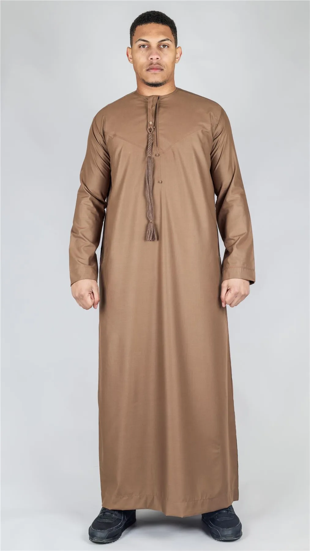 Men's Thobe Emirati Omani Jubba Islamic Clothing Muslim Kaftan Eid Robe Arab String Tassel