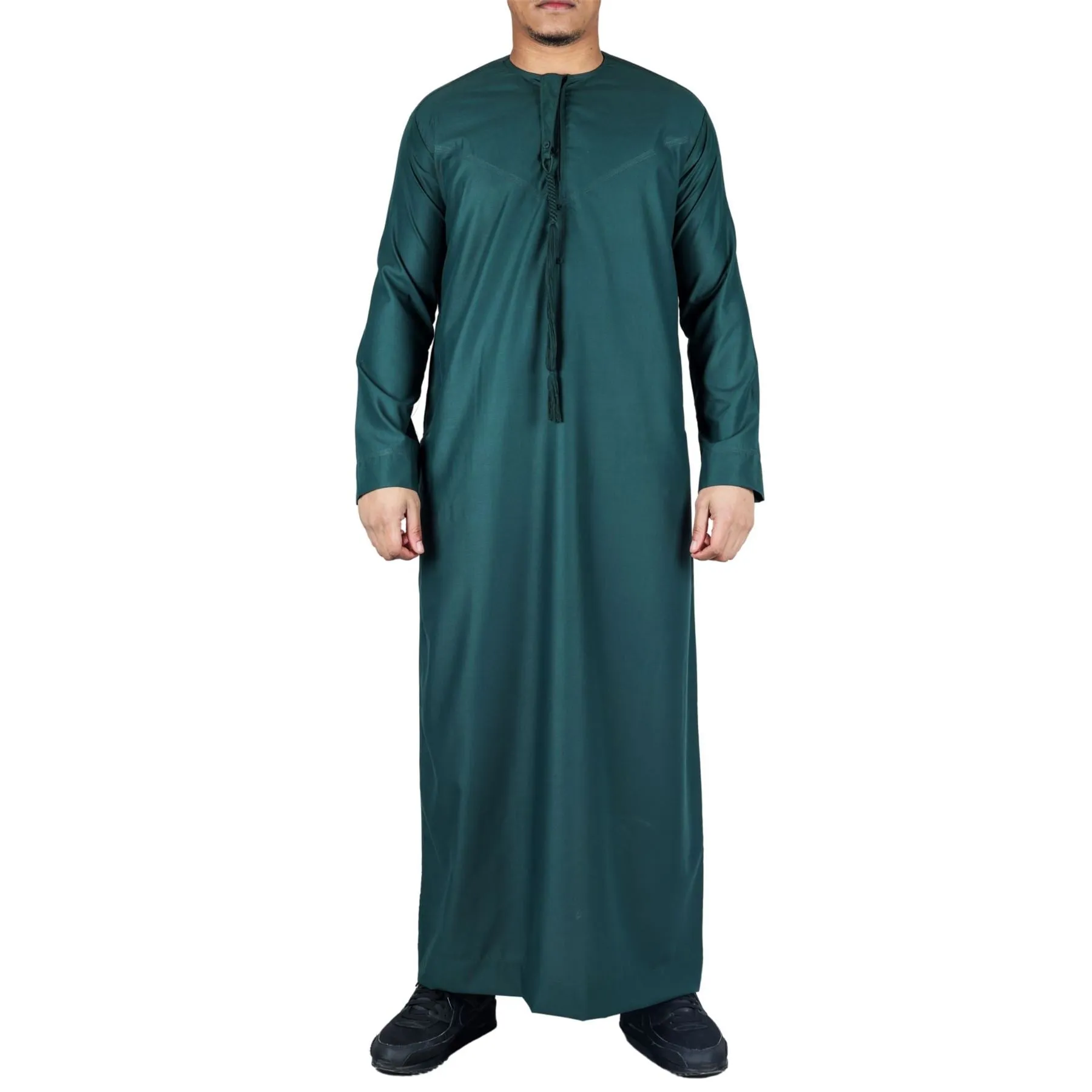 Men's Thobe Emirati Omani Jubba Islamic Clothing Muslim Kaftan Eid Robe Arab String Tassel