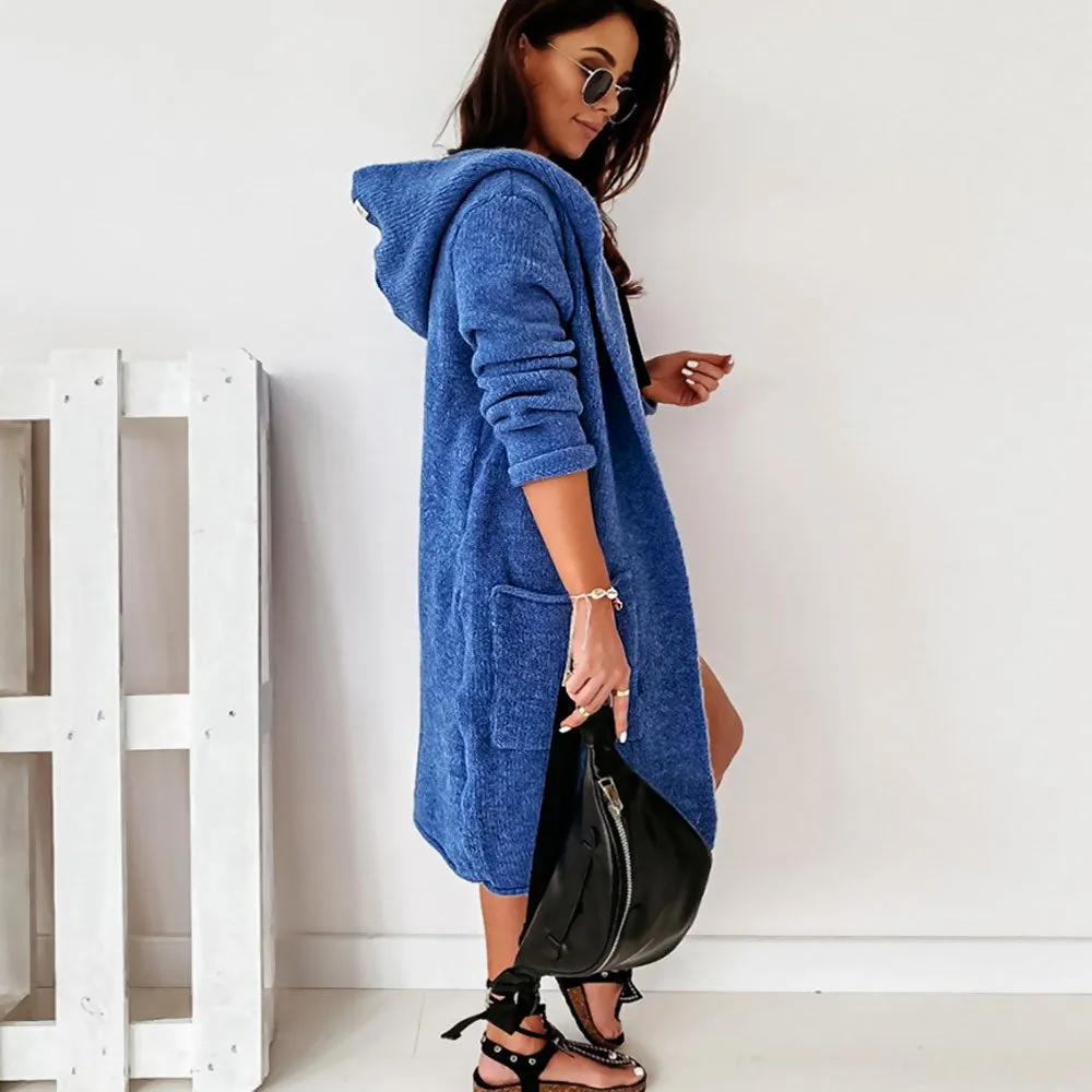 Minimalist Drop Shoulder Open Front Hooded Overszied Blue Knit Cardigan