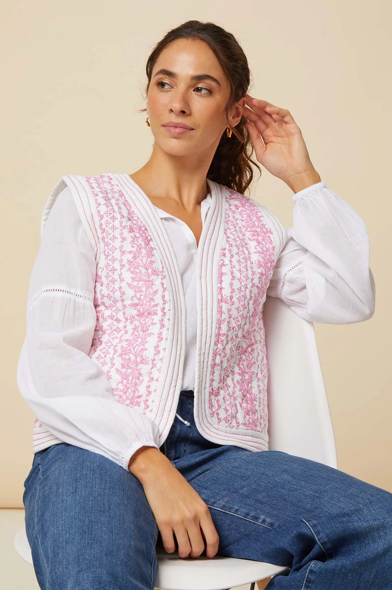 Nola Block Print Quilted Gilet | White/Pink