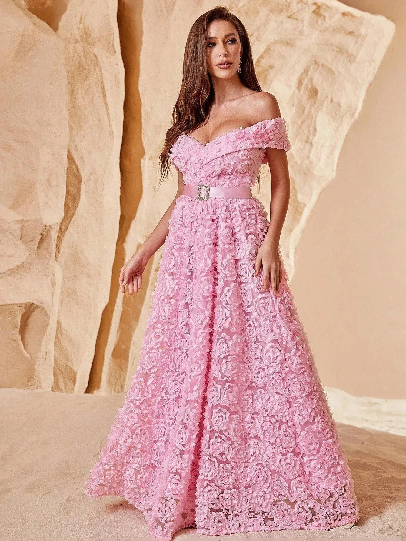 Off Shoulder Rhinestone Detail Belted 3D Flower A-Line Dresses